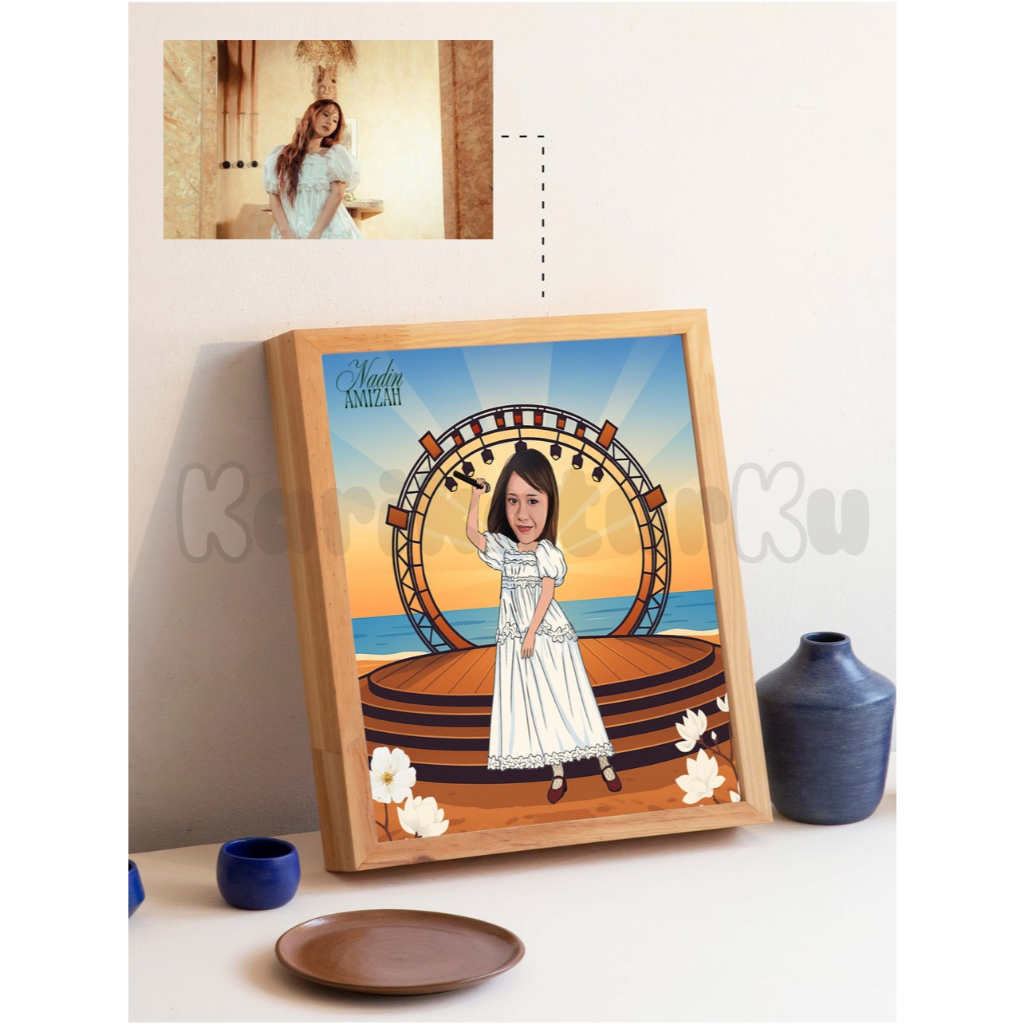 Karikatur Wajah Custom / Ilustrasi Foto Menjadi Karikatur + Frame Kayu 20x30 cm – Kado Unik & Person