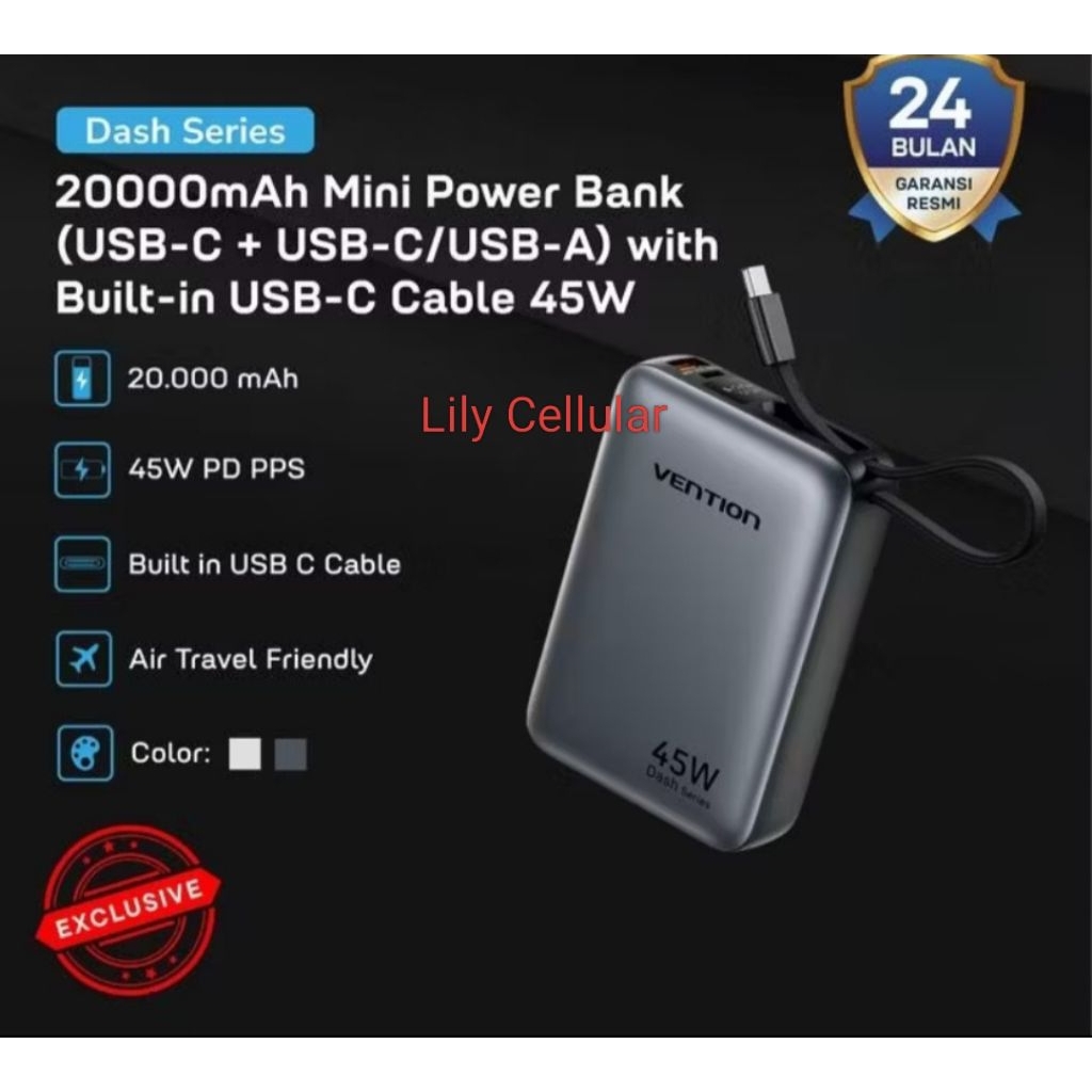 Powerbank 20000 mAh 45W Vention Dash Series  with USB-A/USB-C Cable Built in