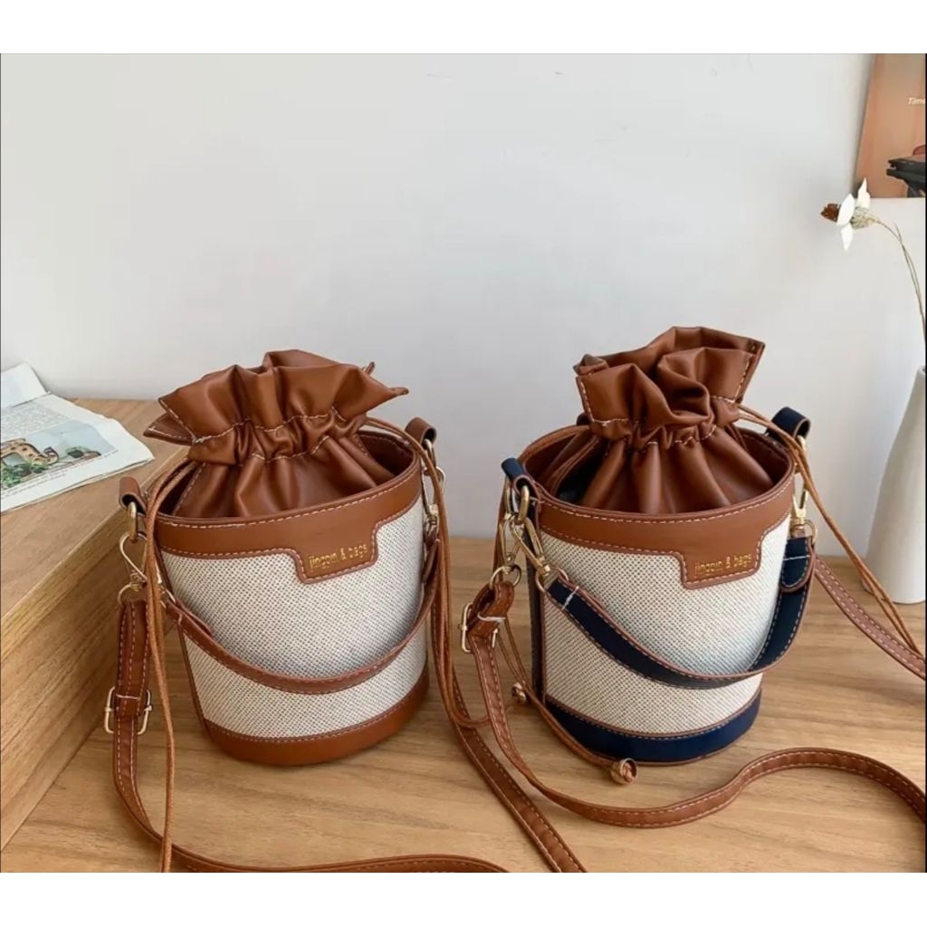 Tas Selempang Wanita Bucket Bag Kanvas Tali Serut - Aesthetic Sling Bag