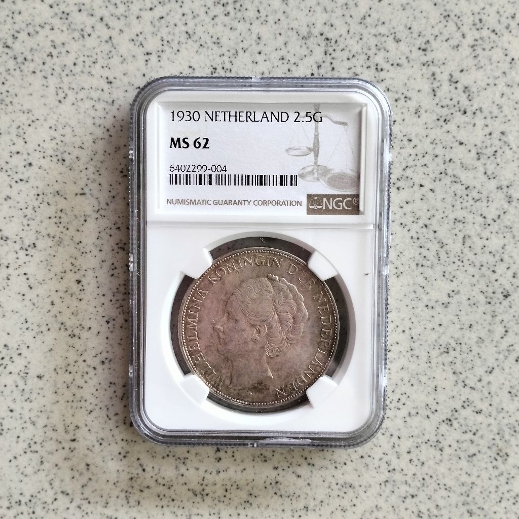 NGC MS 62 Koin Perak 2.5 Gulden Wilhelmina Netherland 1930 Silver Coin