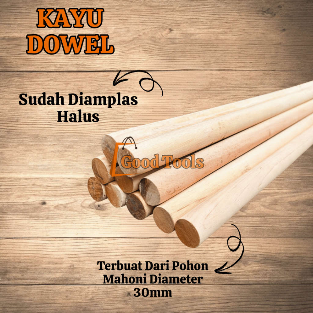 Kayu Dowel Mahoni Diameter 30mm - Halus, Kuat, dan Siap Pakai (80cm & 100cm) / Dowel Rod Kayu Bulat 