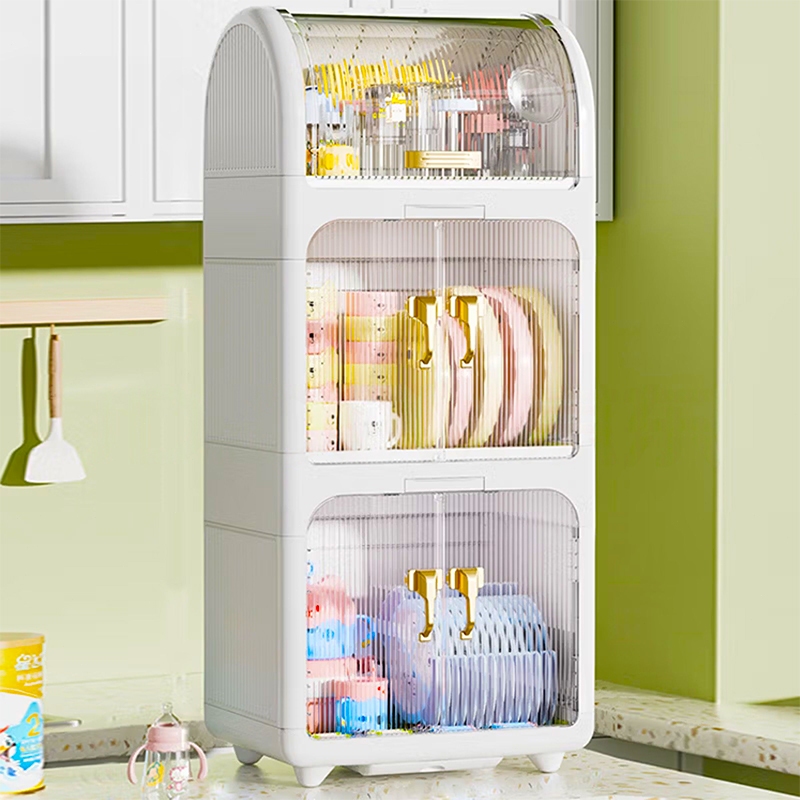 RAPIHOME Rak Piring Tertutup Rak Piring Plastik Tertutup Estetik Minimalis Rak Piring 3 Susun Putih