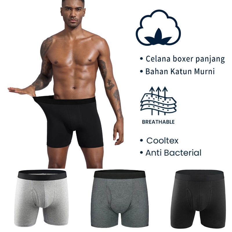 Celana dalam katun panjang pria / celana boxer panjang / celana pendek atletik / CD pria / 3 paket c