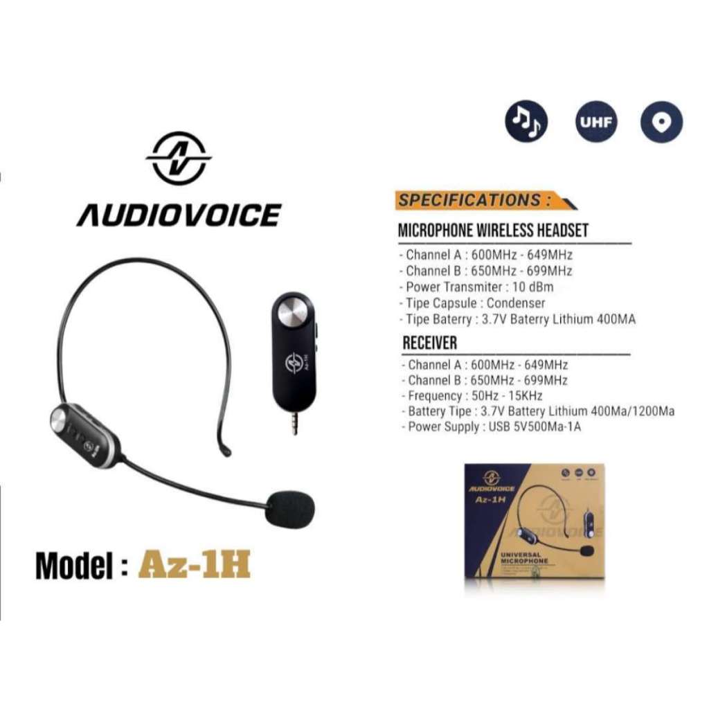 AUDIOVOICE Microphone Clip On Headset Wireless Az-1H Mic Jepit 1H Mic Bando Tanpa Kabel Mikrofon