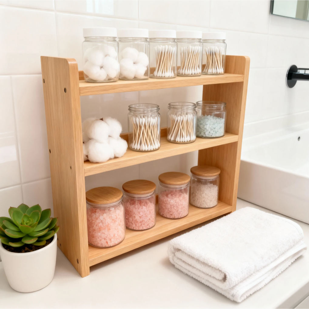 Rak Dapur Kayu Susun 3 Tingkat Rak Bumbu Serbaguna Rak Kosmetik Kayu Minimalis