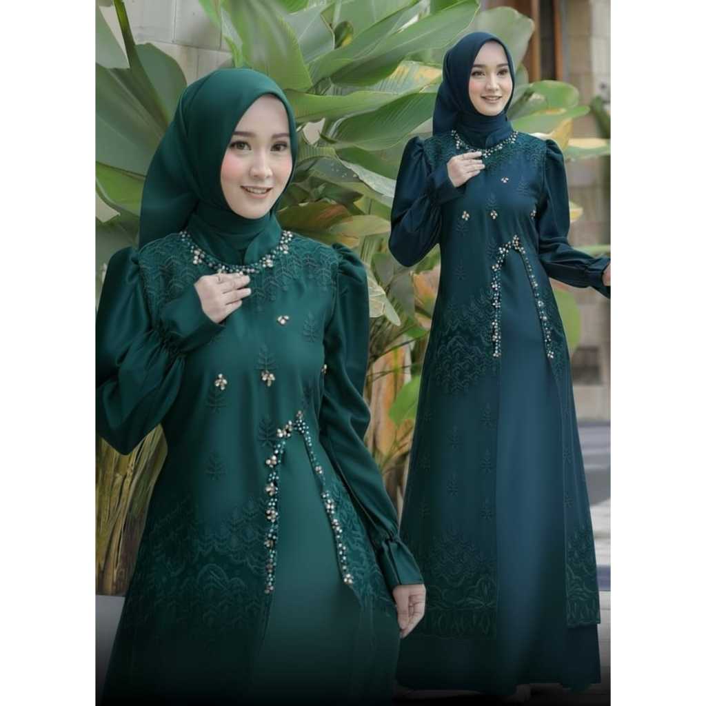 Manda Dress Silk Premium Emerald Green Brukat Aplikasi Payet Gaun Kondangan Terbaru Lebaran 2026