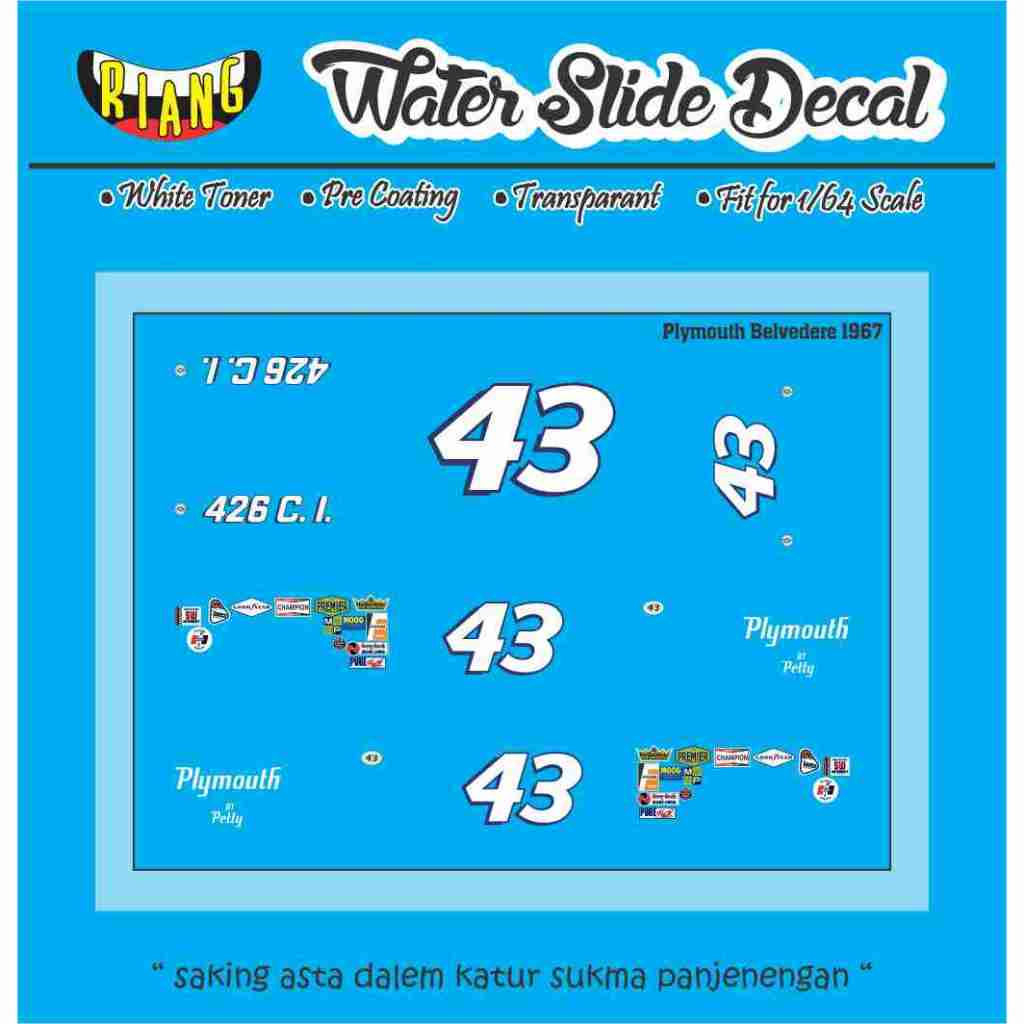 Decal Waterslide Hot Wheels Plymouth Belvedere 1967 Richard Petty