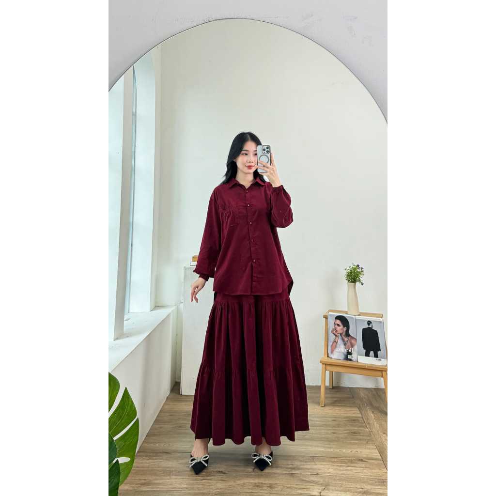 One Set Corduroy Wanita – Kemeja Saku + Rok Karet Tier | Lengan Karet | Fit to XL | LD120