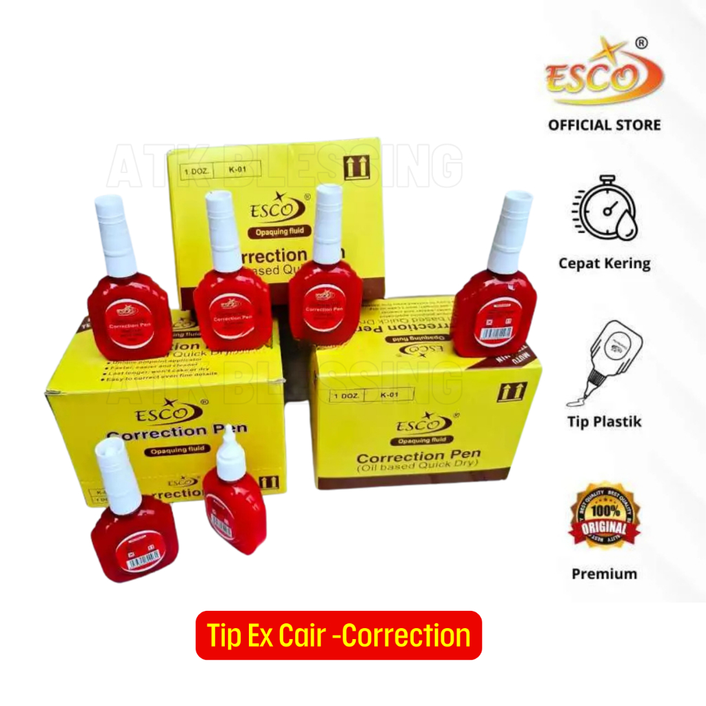 ( 2 PCS) Tip Ex Esco / Koreksi Pulpen Cair / Tip Ex Cepat Kering / Correction Fluid / Penghapus Pena