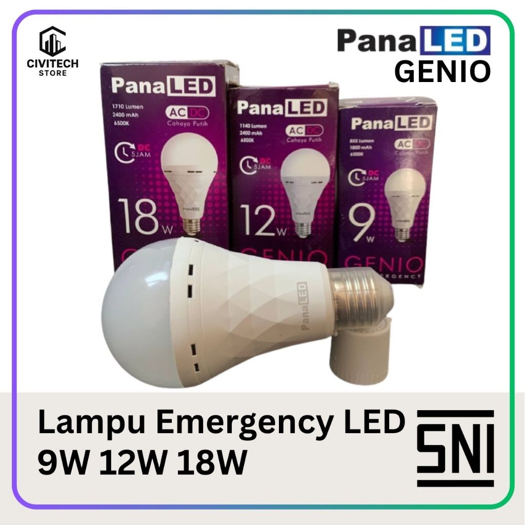 PanaLED Genio Lampu Emergency LED 9W 12W 18W, Bisa di Cas, Bohlam Otomatis, Baterai Internal, Cahaya