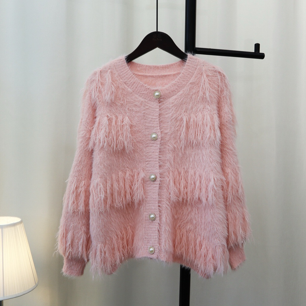 CARDIGAN CROP SOFT PINK NUDE FUZZY KNIT FUR