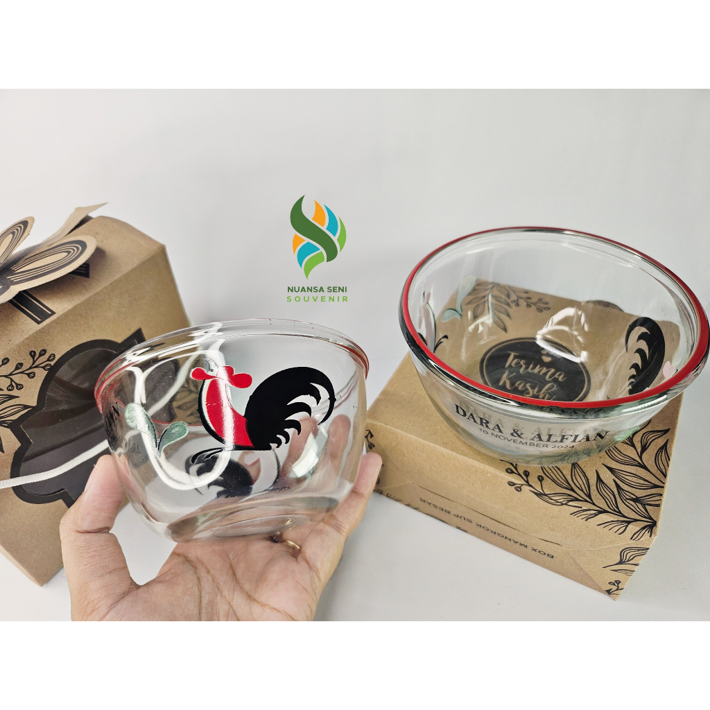 Souvenir Pernikahan Mangkok Makan Kaca BIB5B Ayam Jago Bowl Mangkuk 12 cm Mangkok Saji Beling Sablon