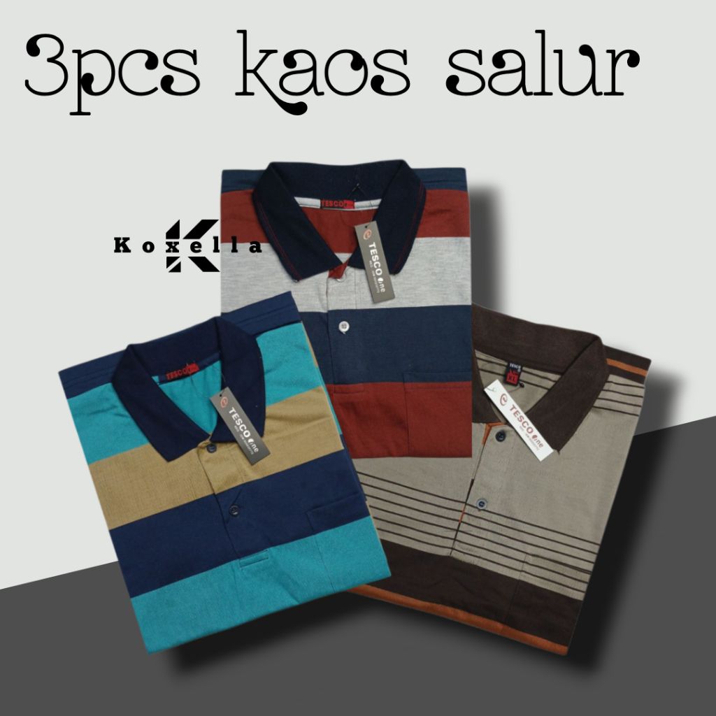 Promo 3pcs Kaos Kerah Salur Bapak Motif Garis Kantong Depan Berkerah