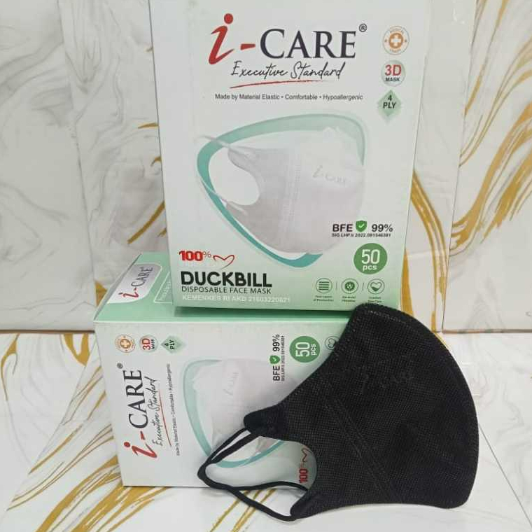 MASKER duckbill EARLOOP I CARE 50 Pcs Abu ,HITAM ,Putih | MASKER DUCKBILL 4 Ply Icare Face Mask Mask