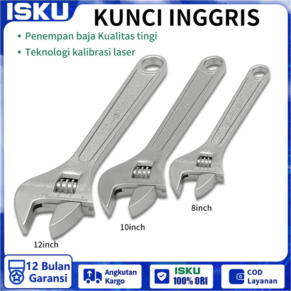 ISKU Kunci Inggris 8 10 12 Inch Adjustable Wrench Kunci Pas Fleksibel Baja Karbon Lapis Chrome Anti 