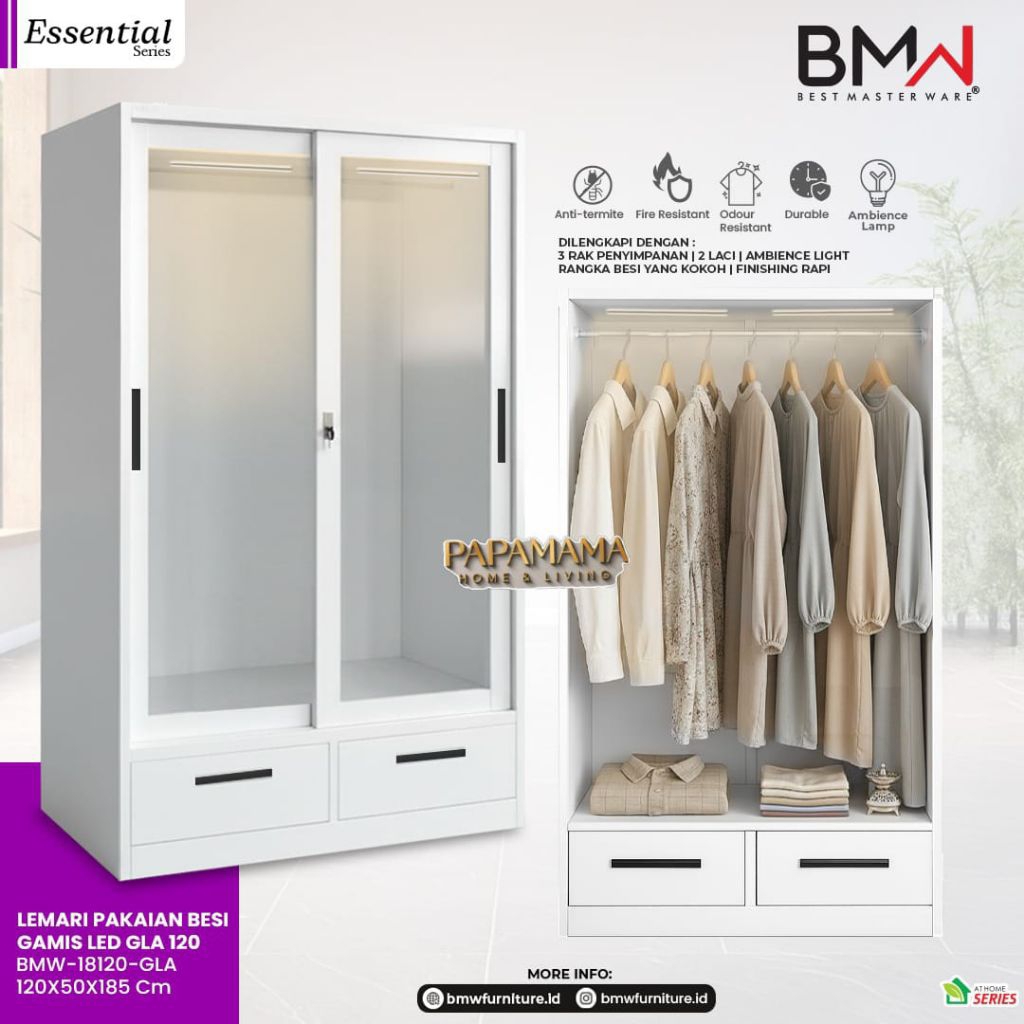 Lemari Pakaian Full Gantungan Gamis 2 Pintu - Lemari Baju Plat Besi Pintu Kaca Uk.120cm - Medan