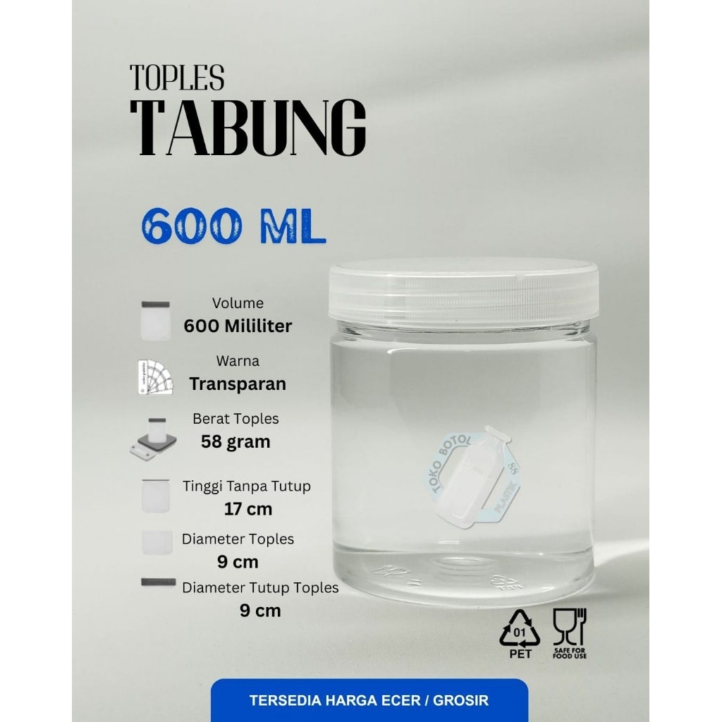 (INSTAN KHUSUS BANDUNG)Toples Tabung 600ml / Toples Plastik 600ml / Toples Plastik Kue Kering 600ml 