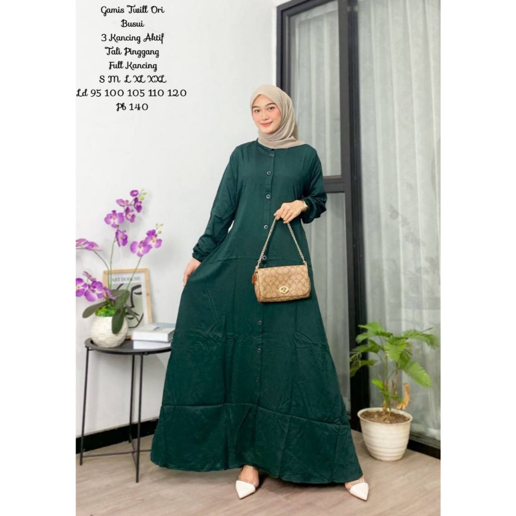 Gamis Polos Full Kancing Twill Ori Amanda Premium - Gamis Wanita Kekinian