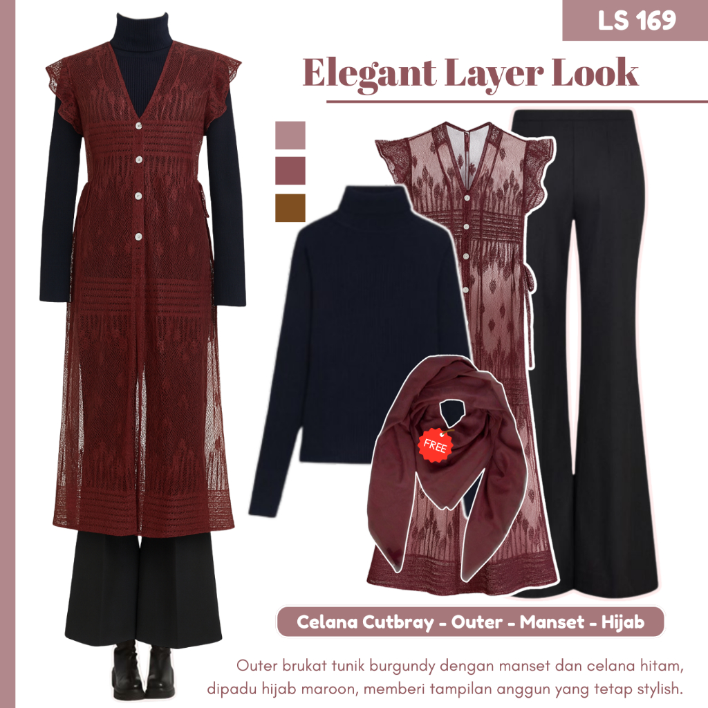 One Set Outer Tunik Kondangan | Outer Brukat, Manset, Celana Cutbray, Jilbab Bella Square | LS169
