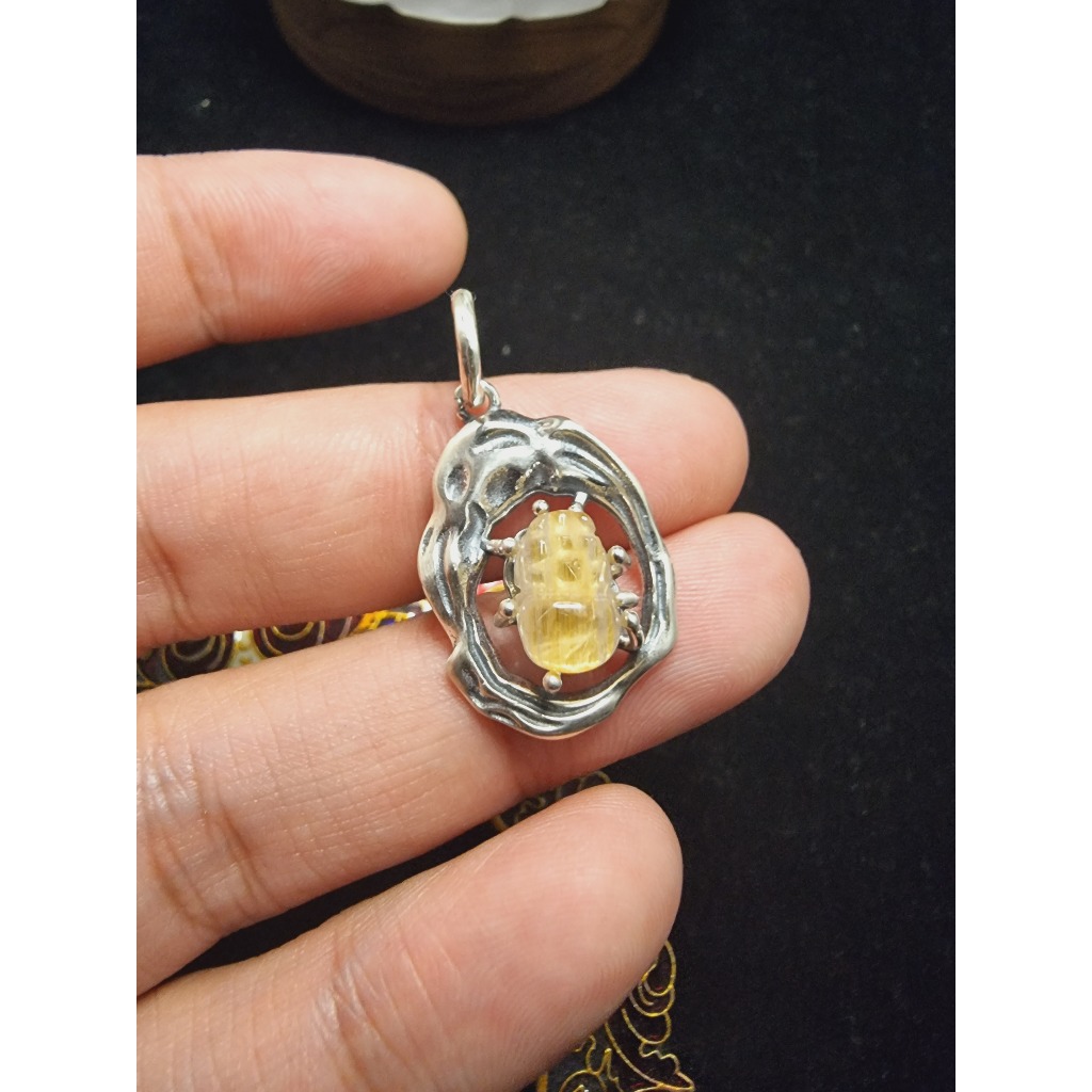 Liontin Silver 925 Batu Gold Rutile Quartz Ukiran PiXiu HQ 10mm F194