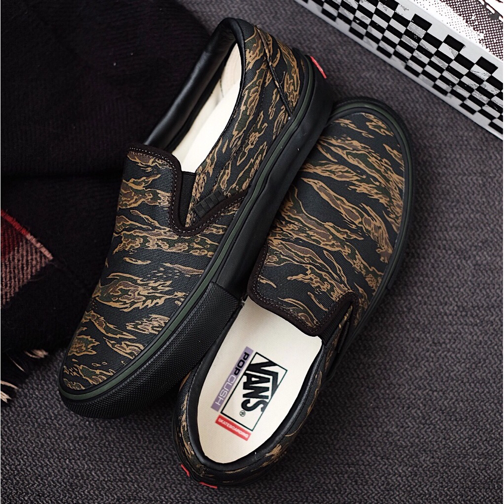 Sepatu Vans Slip On Pro Skate Tiger Camo Black Green 100% ORIGINAL RESMI