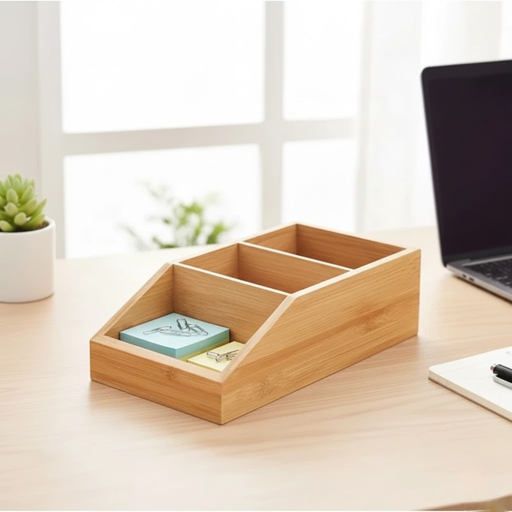 Tempat Buku Pensil Alat Tulis Rak Kotak Kayu Pinus Sekat Multifungsi