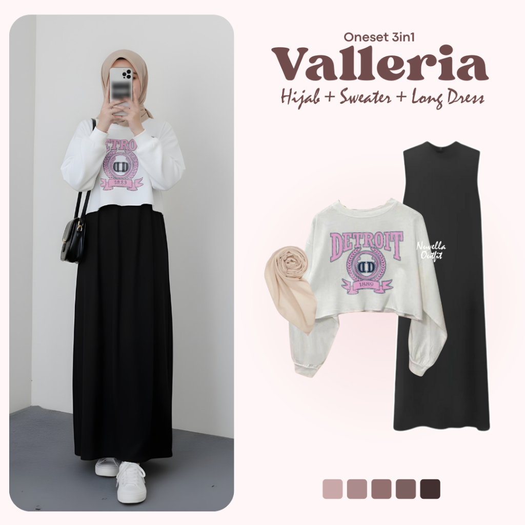 Valleria Oneset 3 in 1 - Outfit Simple - Fashion Hijab - Long Dress + Sweater Crop + Bella Square - 