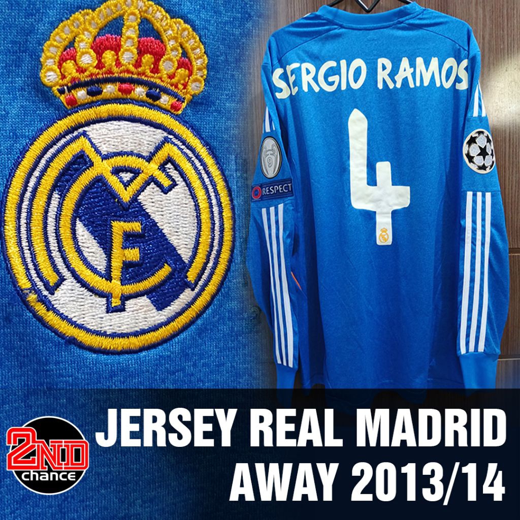 JERSEY BAJU BOLA RETRO REAL MADRID  #4 SERGIO RAMOS 2013/14 GRADE ORI, MURAH