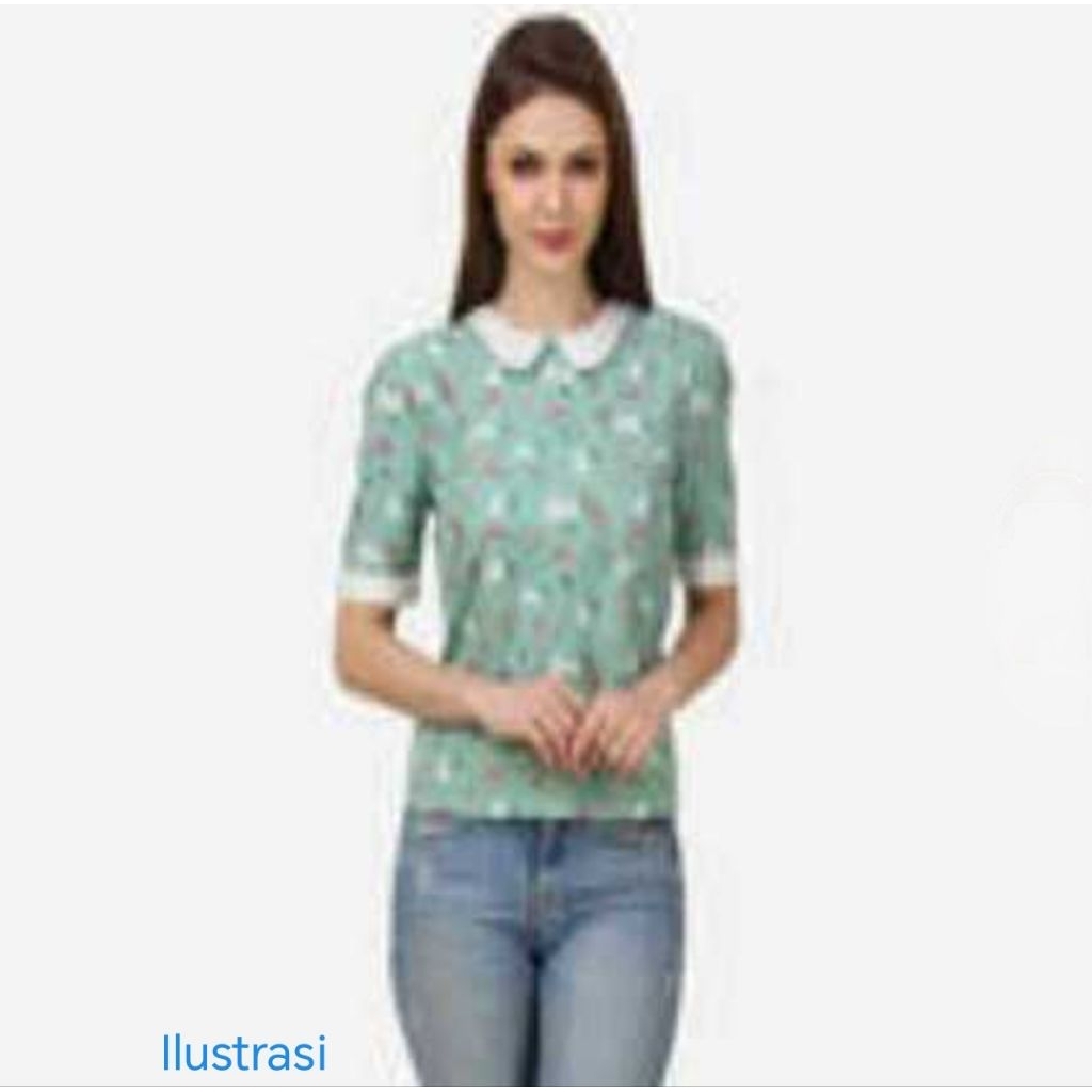 Atasan Wanita Blouse Sifon Motif Bunga Biru Toska