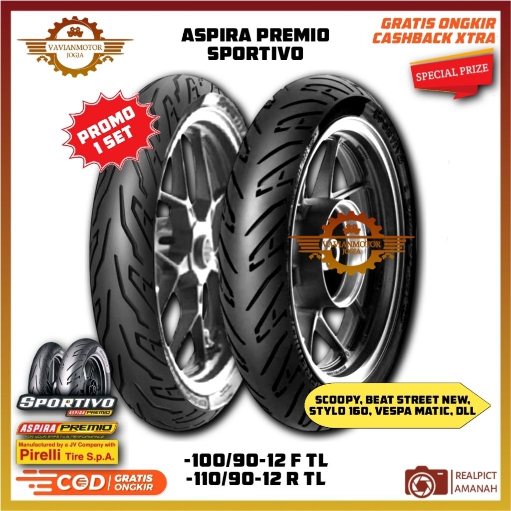 Ban Aspira Premio Sportivo 1 100/90-12 & 110/90-12 Tubeless Ring 12 Model Donat Satu Set Depan Belak