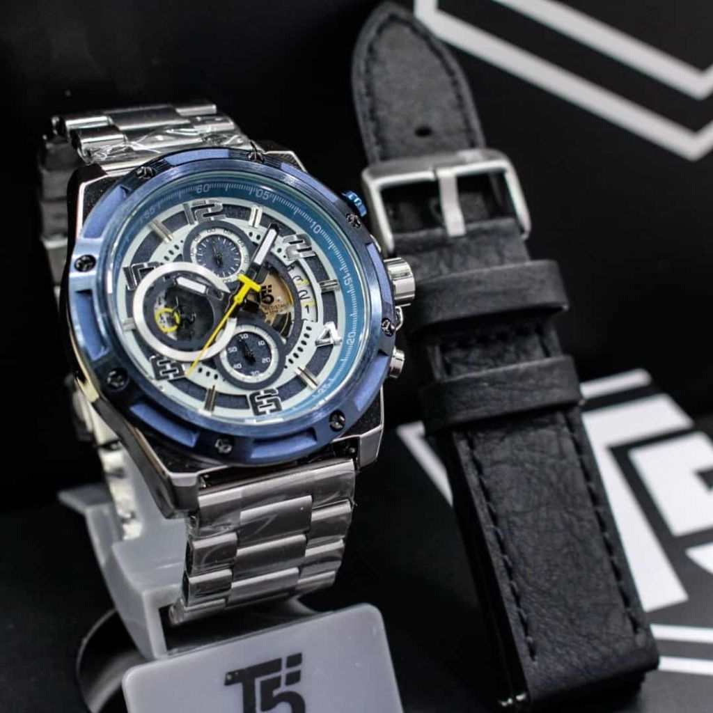 Jam Tangan Pria Original T5 H3706G Chronograph Spesial Edition Double Strap Stainless & Kulit Elegan