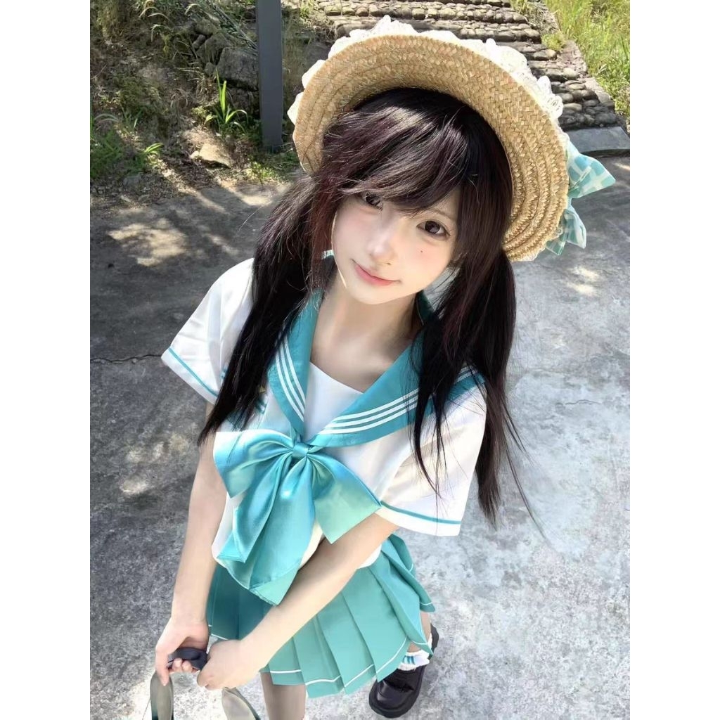 Yaong - Setelan Seragam Seifuku JK Lengan Pendek Warna Putih Hijau Wanita Setelan Pelaut Dasar Jepan