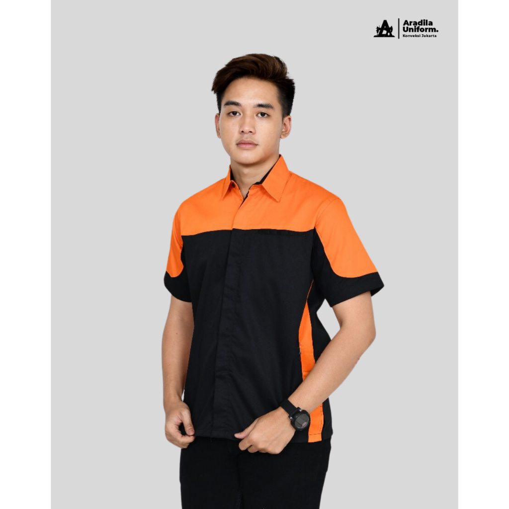 ARADILAUNIFORM Seragam Kerja Kombinasi Hitam Oren Orange Tangan Pendek Murah/Kemeja Tambah Bordir/Pa