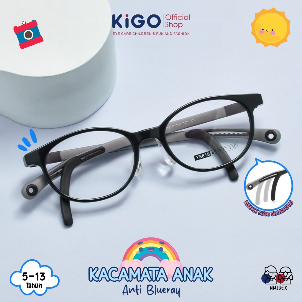 Kigo Kacamata Anak Bulat Lensa Blueray Myopia Bahan TR90 Kaki Kacamata Bisa Disesuaikan Y8818