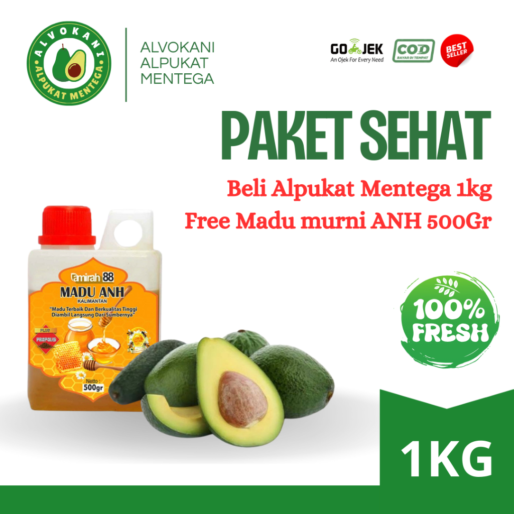Alpukat Mentega Super 1kg + Madu Murni ANH 500gr Paket Sehat | Alpukat berkualitas & Madu Asli