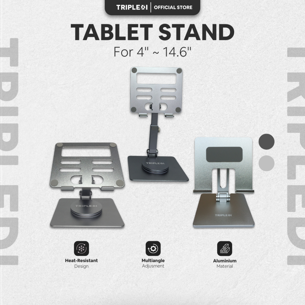 TRIPLEDI Tablet Stand 14.6 inch Aluminium Alloy Rotatable Holder Penyangga Adjustable High Dudukan M
