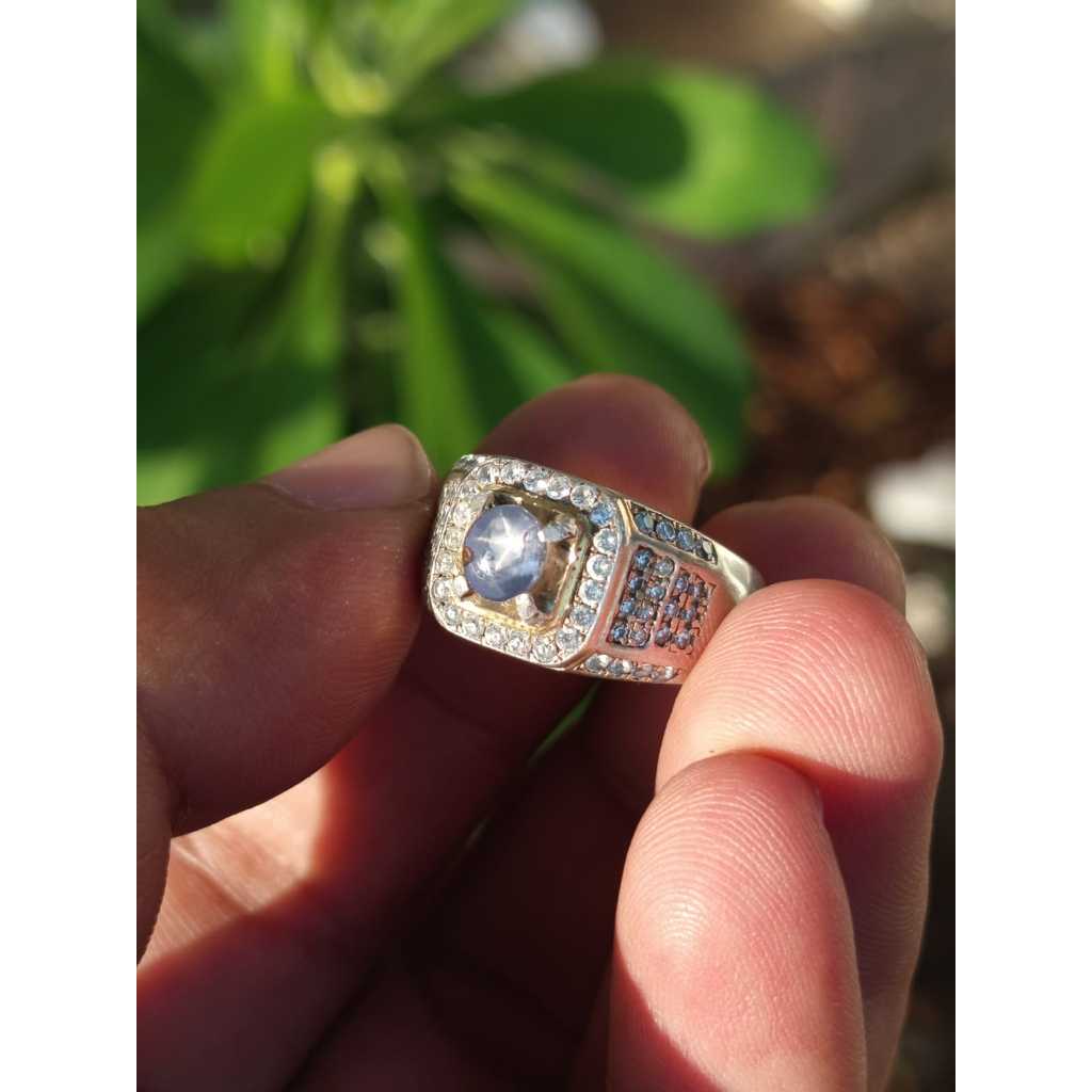 Natural Blue Safir Star Ceylon Ring Perak 925 Chrome Mewah