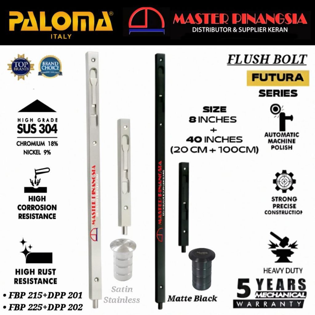 PALOMA Flush Bolt FUTURA 8"+40"Inch ( 20+100CM ) Grendel Tanam Slot Kunci Pintu Rumah Set Dust Proof