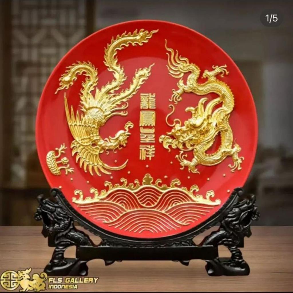Chinese Red Plate _ Golden Dragon & Phoenix Dia.20cm