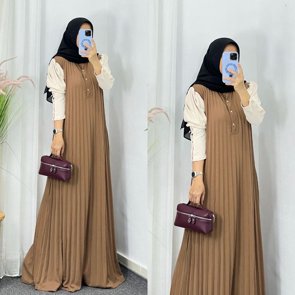 Fisya Fashion Dress Gamis/Midi Knit Model Plisket Busana Wanita Muslim Kekinian Variasi Kancing