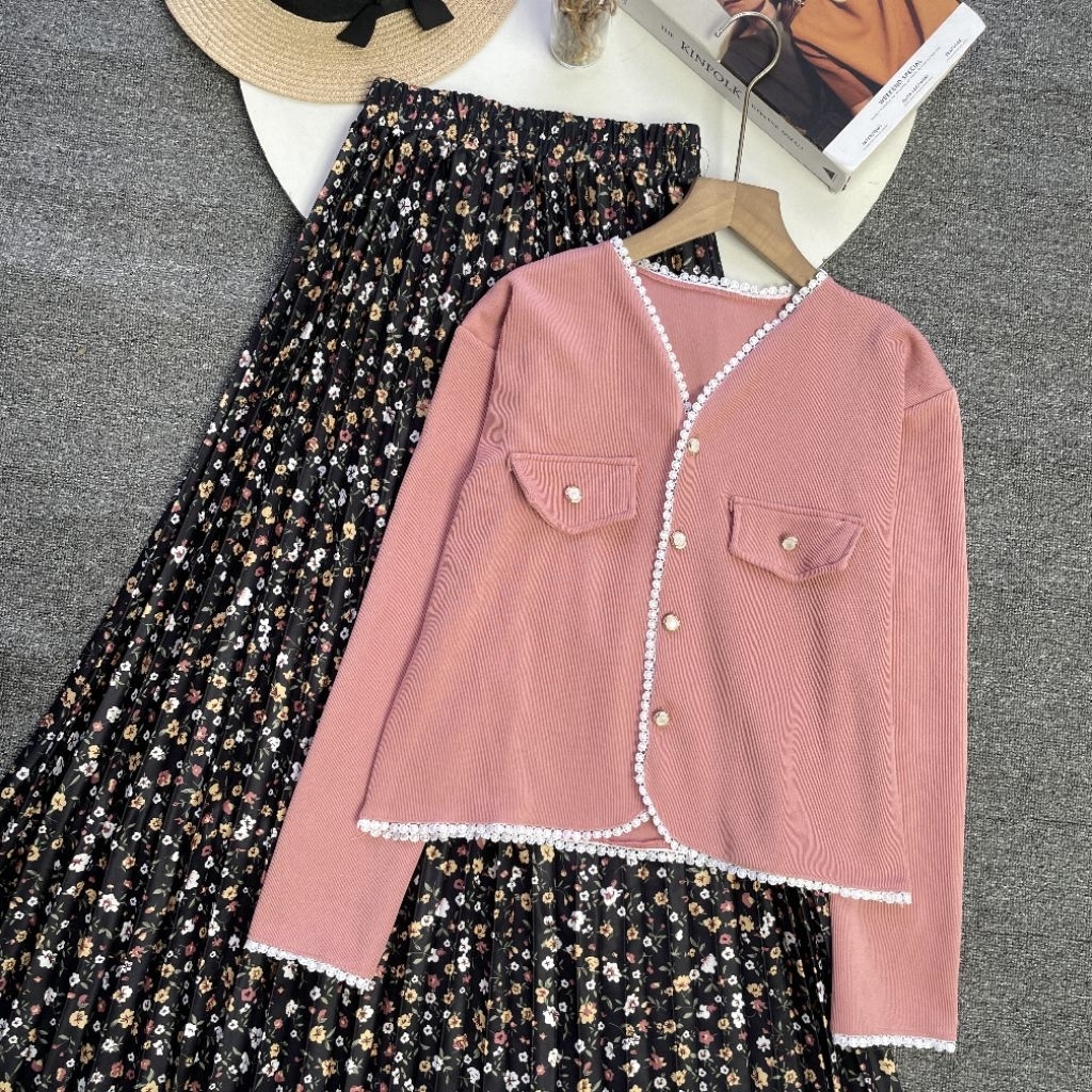 violine store - ONESET SETELAN WANITA KEKINIAN CROP CARDI KNIT RENDA ROK PLISKET HYGET PREMIUM  KEKI