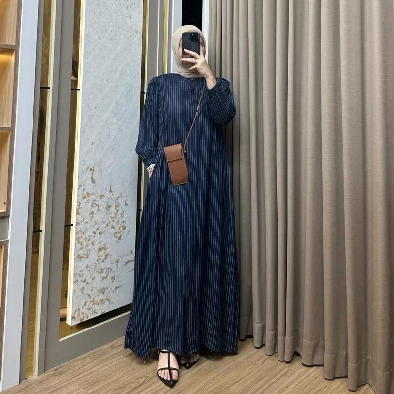 Gmis abaya salur stripe / gamis tangan kerut / gamis lebaran kekinian / gamis rayon