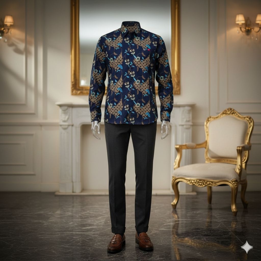 Kemeja Pria Batik Modern Lengan Panjang Motif Leopard Navy Premium Slim Fit Eksklusif