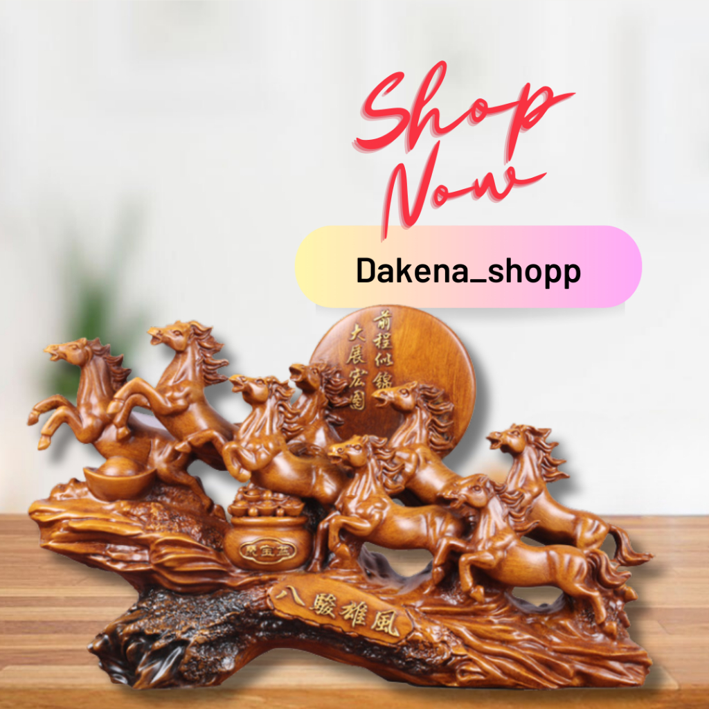 Dakena - Patung Kuda Feng Shui - Coklat – Pajangan 8 Kuda Pembawa Hoki, Sukses & Rezeki (32×20×11cm)