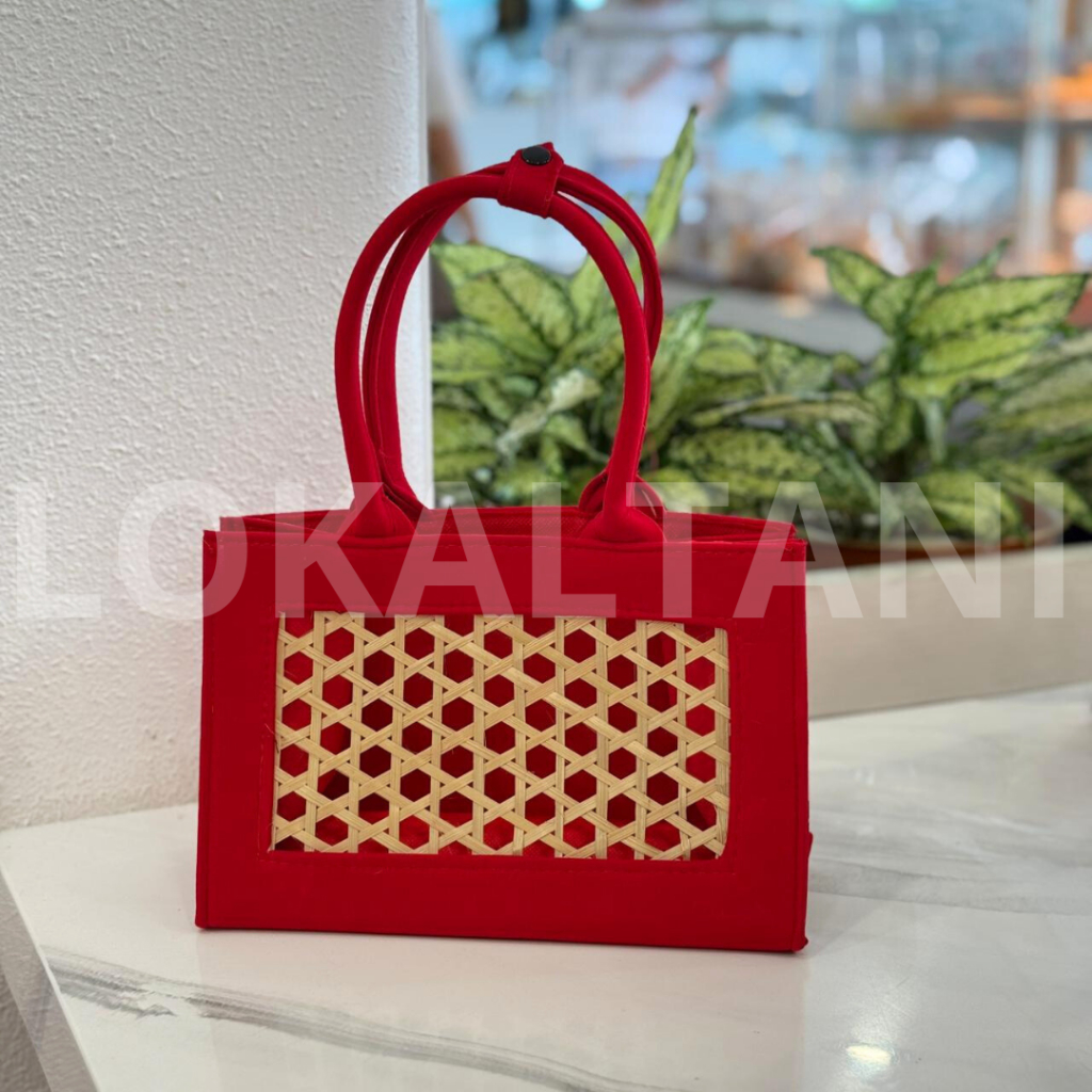 Tas Bludru Mix Anyaman Bambu Handle Kain / Tas Hampers Kue Kering Merah / Tas Hampers Imlek CNY