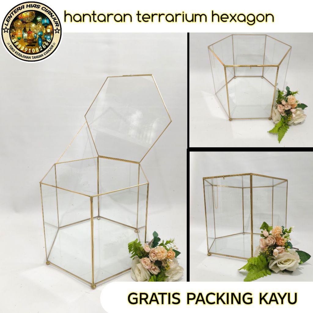Kotak Hantaran Segi 6 Kaca Kuningan / Box Seserahan Terarium Hexagon / Kotak Pernikahan
