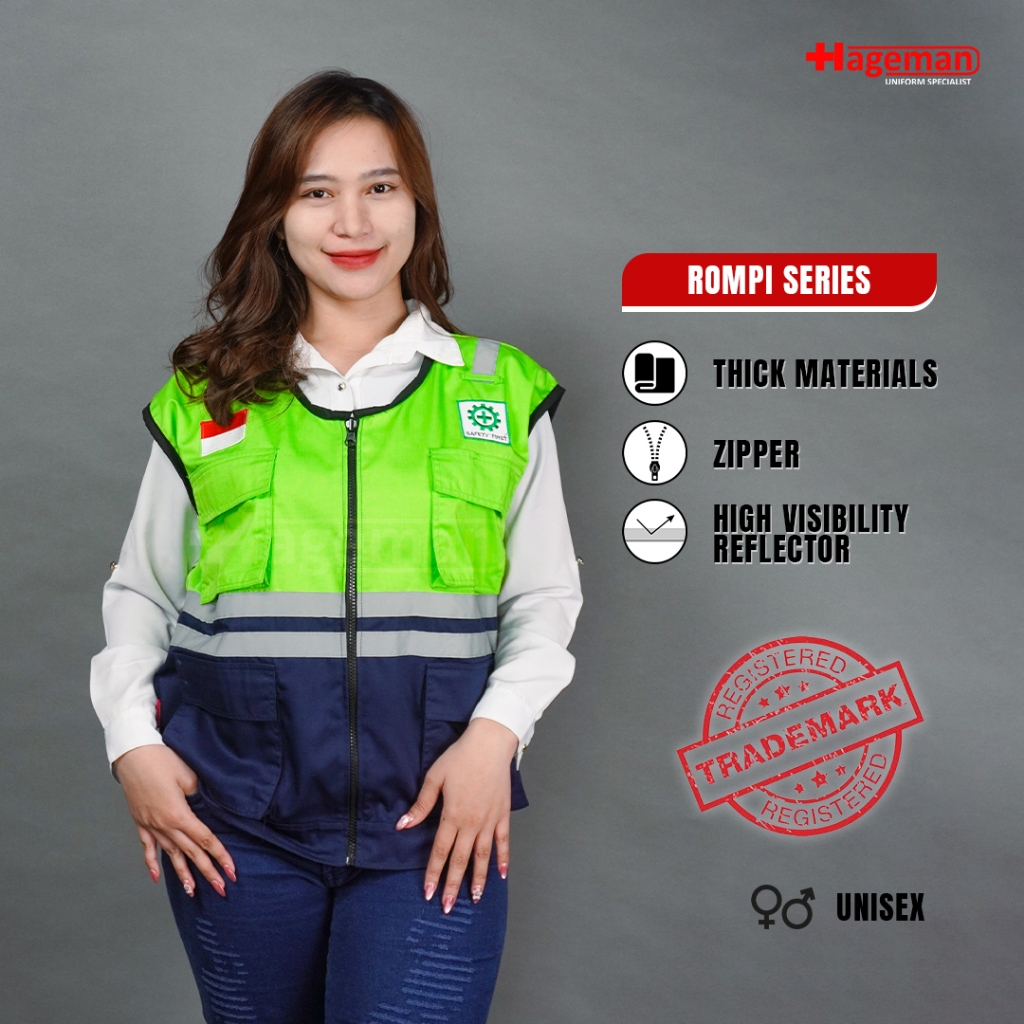 Hageman - Rompi Safety Warna Hijau Stabilo / Rompi Kerja / Rompi Stabilo kombinasi Navy