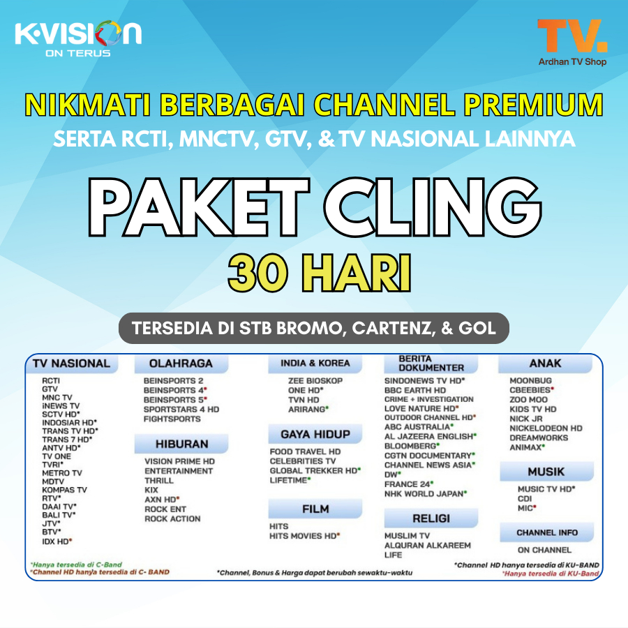 Paket Voucher KVision dan Deco GOL Paket Cling 1 Bulan - Channel TV Nasional Berbayar