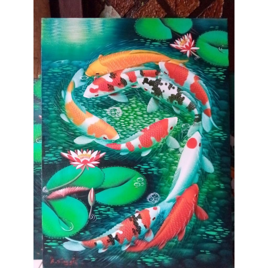 Lukisan koi formasi angka 9 ukuran 60x80cm