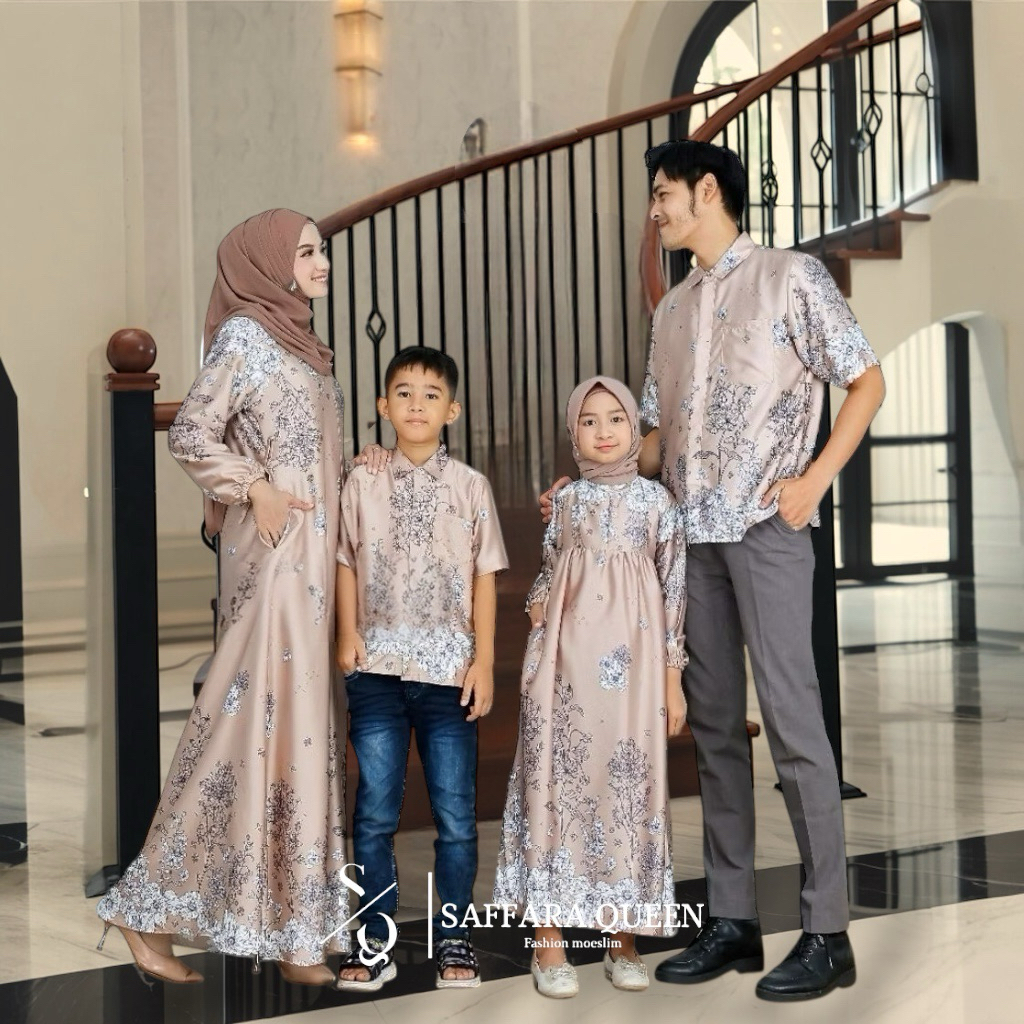 Gamis couple sarimbit keluarga silk motif gamis dewasa kemeja ayah gamis anak warna cream navy